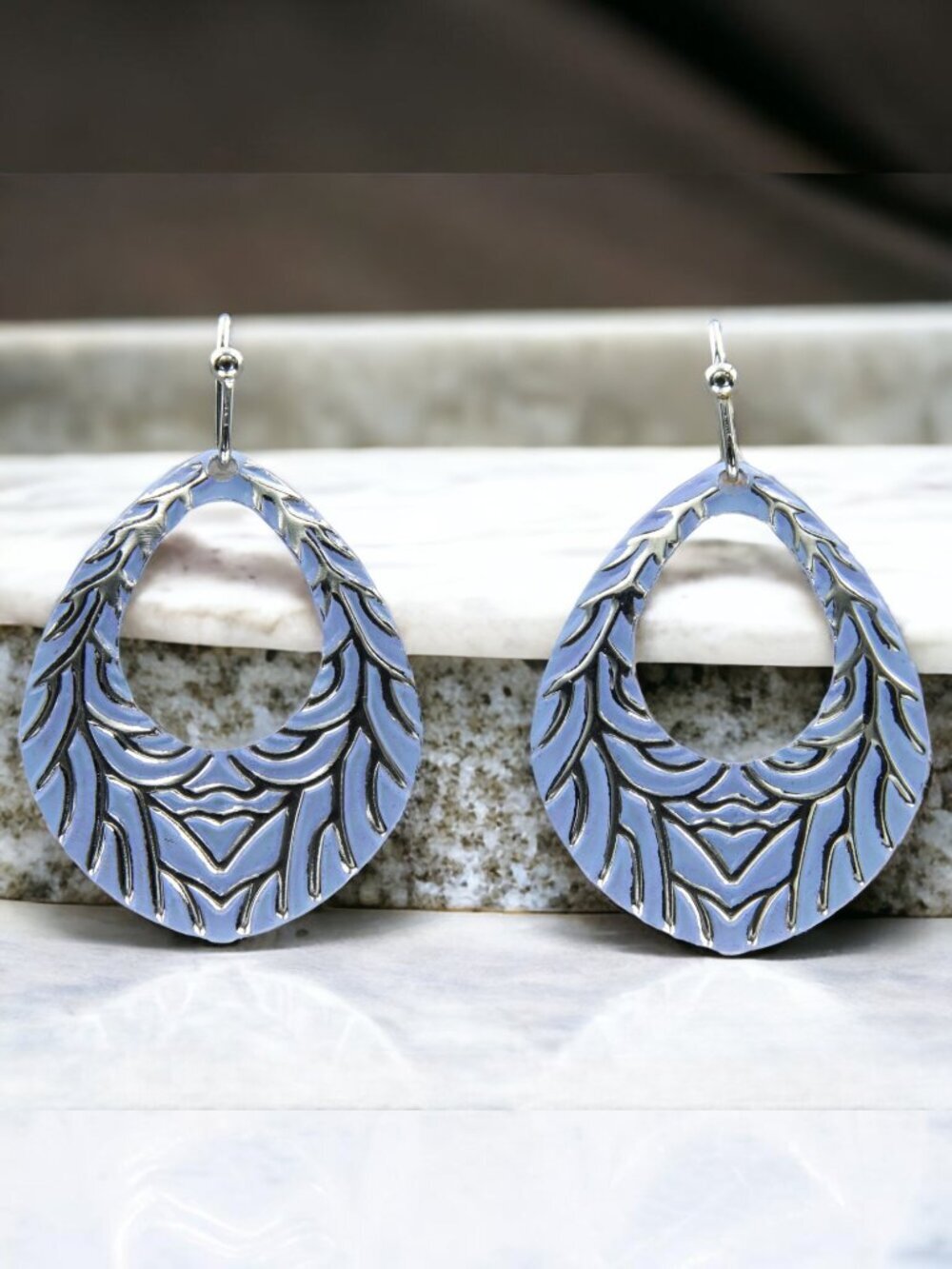 Blue Feather Teardrop Drop Earrings | Silver Tone - Picture 3 of 6